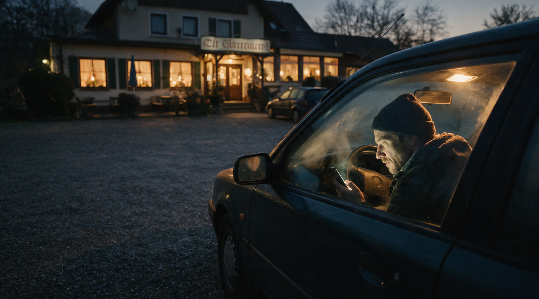 Ein Mann sitzt im Morgengrauen allein im Auto auf dem Kiesparkplatz eines Gasthauses, das Gesicht vom Handy beleuchtet. Die Fenster des Gasthauses sind warm erleuchtet.